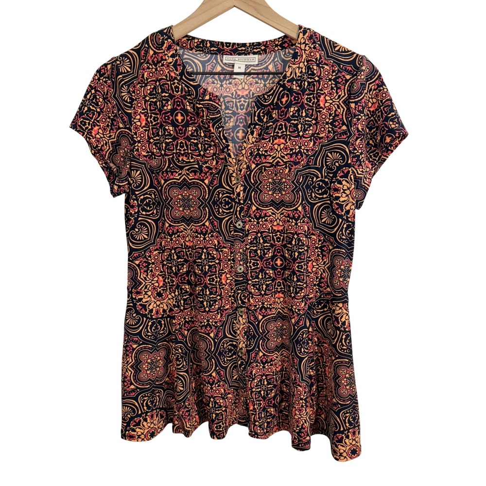 Dana Buchman Medallion Geometric Button Front Blouse Orange Medium Workwear